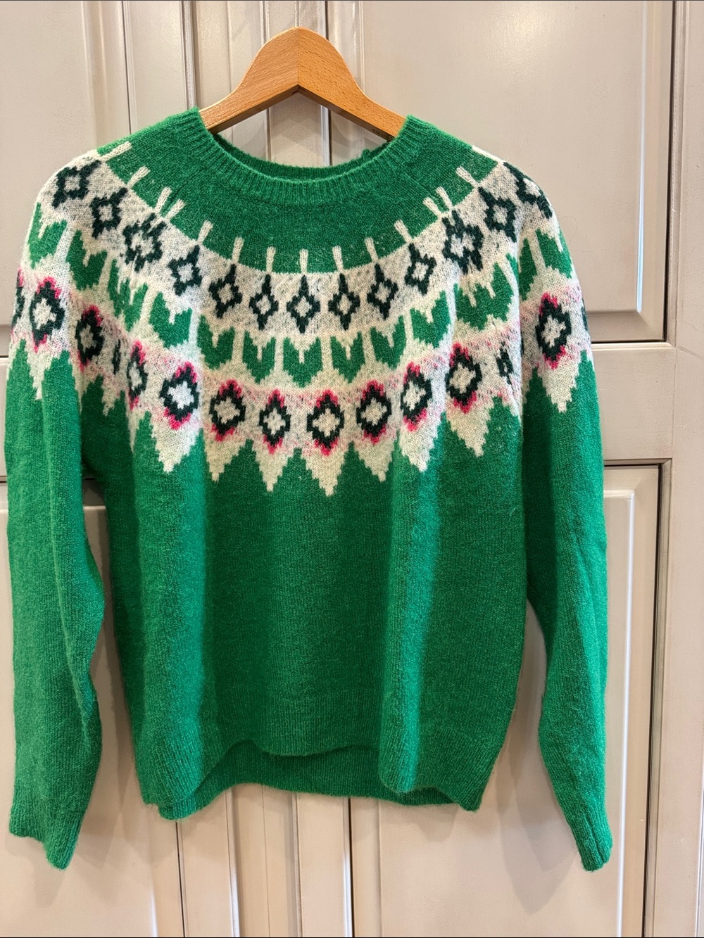 Sundry Green Fair Isle Crewneck Sweater with Pink & Black Accents